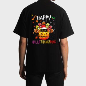 Black Cat Halloween And Merry Christmas Happy Hallothanksmas Men T-Shirt