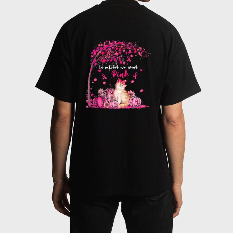Breast Cancer Awareness In October We Wear Pink Pumpkin Cat Premium Men T-Shirt