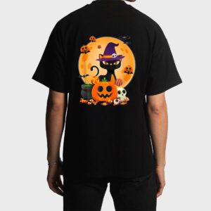 Cat With Witch Hat Pumpkin Bat Moon Cat Funny Halloween Men T-Shirt