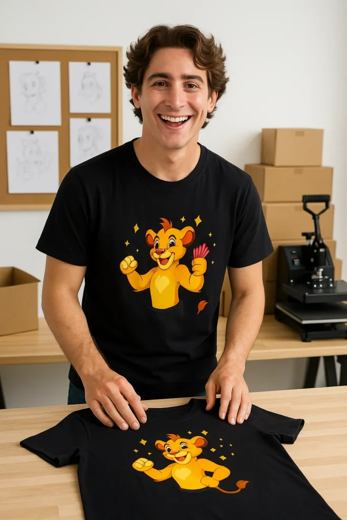 Behind him are design sketches pinned to a board, a few T-shirt printing boxes, and a heat press, creating a friendly and creative feel. Forrest isn’t posing as a model — instead, he’s smiling as he neatly folds a second identical T-shirt for packaging, showing genuine joy and pride in the product.