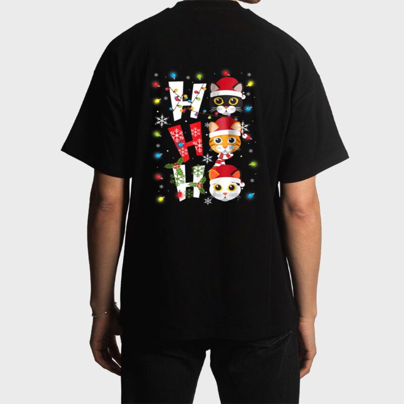 Christmas Ho Ho Ho Cat Lovers Lights Pajamas Funny Xmas Men T-Shirt