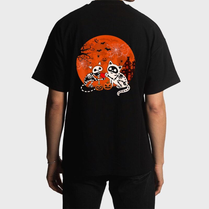 Couple Skeleton Horror Cats Halloween Couple Cat Owner Lover Men T-Shirt