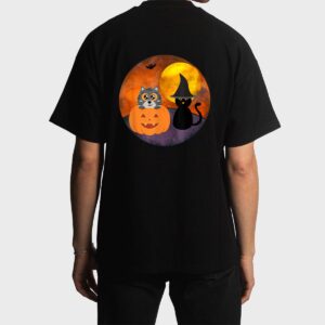 Cute Halloween Cat Scene Witch Pumpkin Bat Full Moon Men T-Shirt