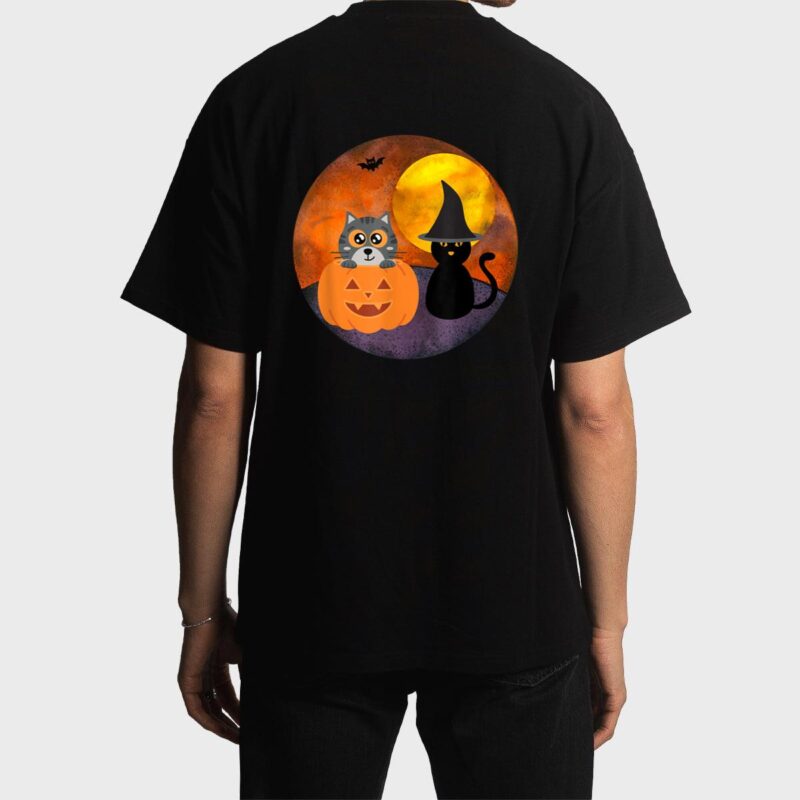 Cute Halloween Cat Scene Witch Pumpkin Bat Full Moon Men T-Shirt