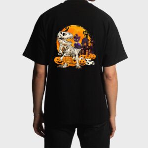 Dinosaur Skeleton Pumpkin With Moon Halloween Cat Witchy Men T-Shirt