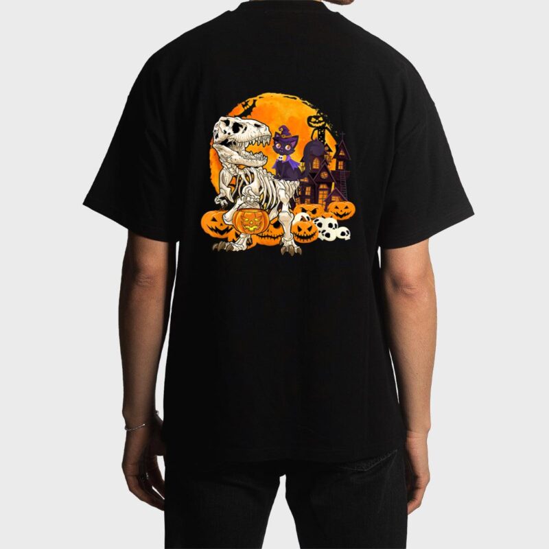 Dinosaur Skeleton Pumpkin With Moon Halloween Cat Witchy Men T-Shirt