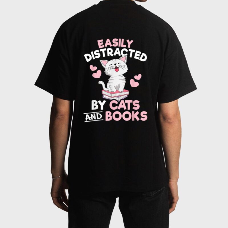 Easily Distracted By Cats and Books Cute Cat Book Lover Men T-Shirt