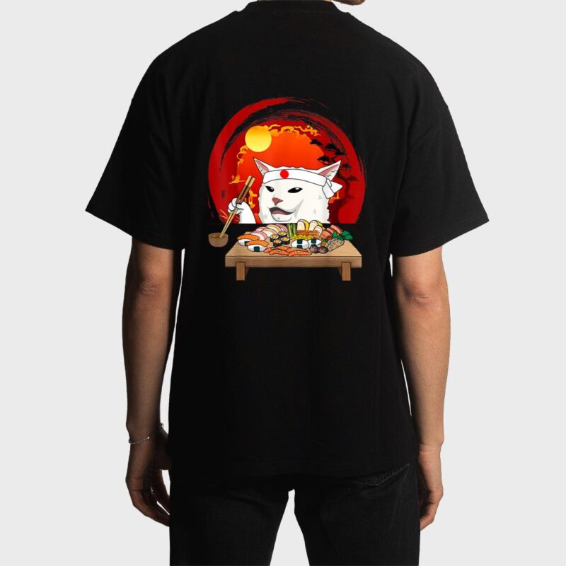 Funny White Cat Meme Eating Sushi Kawaii Sushi Cat Men T-Shirt