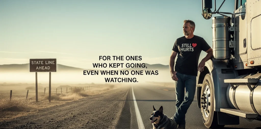 A cinematic banner scene at dawn on a remote highway in California. A rugged man in his 40s leans quietly against a silver semi-truck, wearing a black t-shirt that reads “Still Hurts” over the heart. He looks calmly toward the horizon.