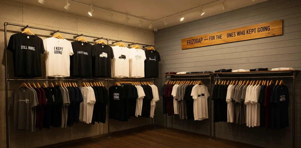 Shirt designs are minimalistic and expressive — short emotional text like “Still Hurts,” “I kept going,” or subtle graphics like lone trucks on a road. Lighting is soft yellow from overhead track lights. A wooden sign on the wall reads: