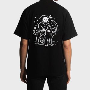 Grim Reaper Riding Cat Moon Funny Death Halloween Costume Men T-Shirt
