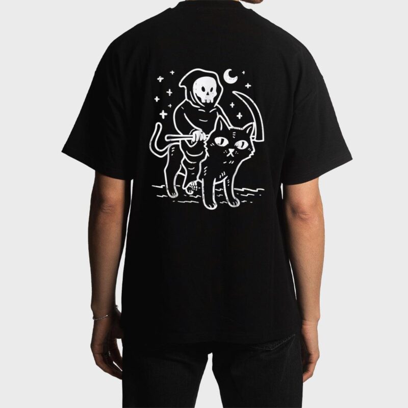 Grim Reaper Riding Cat Moon Funny Death Halloween Costume Men T-Shirt