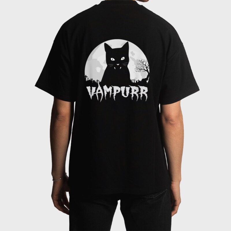 Halloween Black Cat Vampire With Full Moon - Vampurr Pun Men T-Shirt