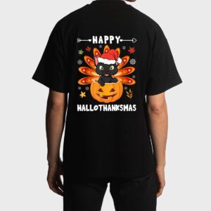 Happy Hallothanksmas Cat Turkey Cat Thanksgiving Christmas Men T-Shirt