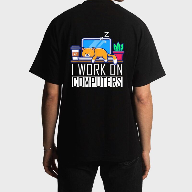I Work On Computers Funny Cat Lovers Coding Programming Men T-Shirt