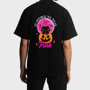 In October We Wear Pink Witch Cat Halloween Breast Cancer Men T-Shirt