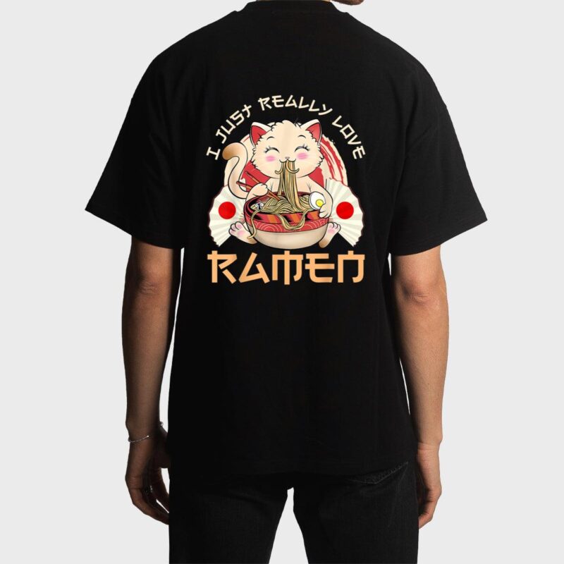 Kawaii Cat Ramen Japanese Black Anime Gift Men T-Shirt
