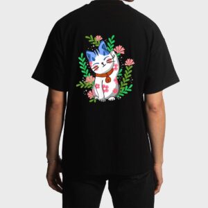 Maneki neko Lucky Japanese Cat Floral Botanical Men T-Shirt