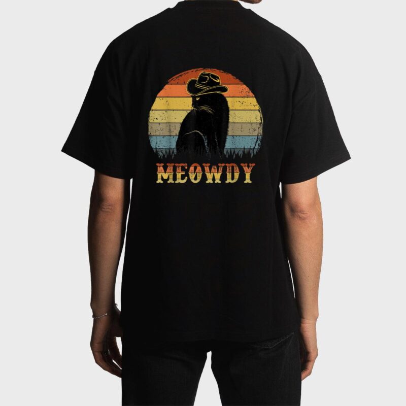 Meowdy Funny Country Music Black Cat Cowboy Hat Vintage Men T-Shirt