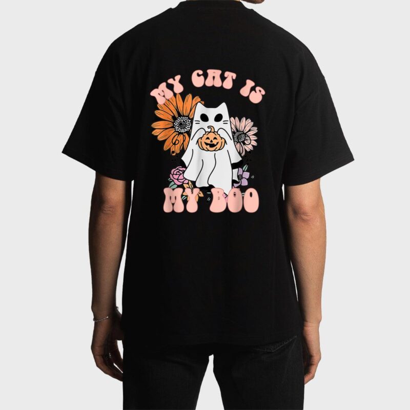 My Cat Is My Boo Floral Groovy Ghost Cat Spooky Halloween Men T-Shirt