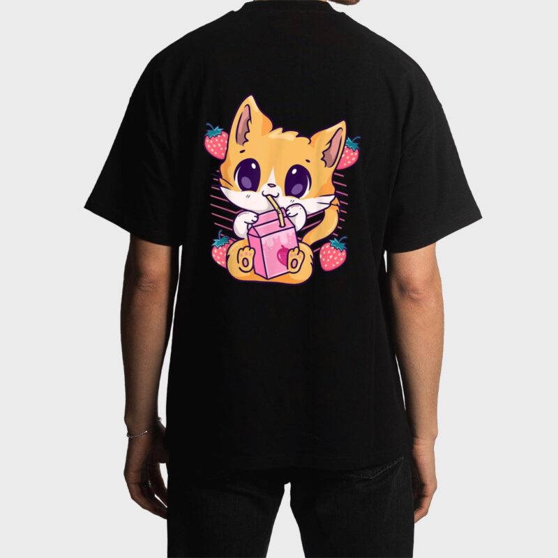 Strawberry Milk Cat Cute Kawaii Kitten Anime Neko Shake Men T-Shirt