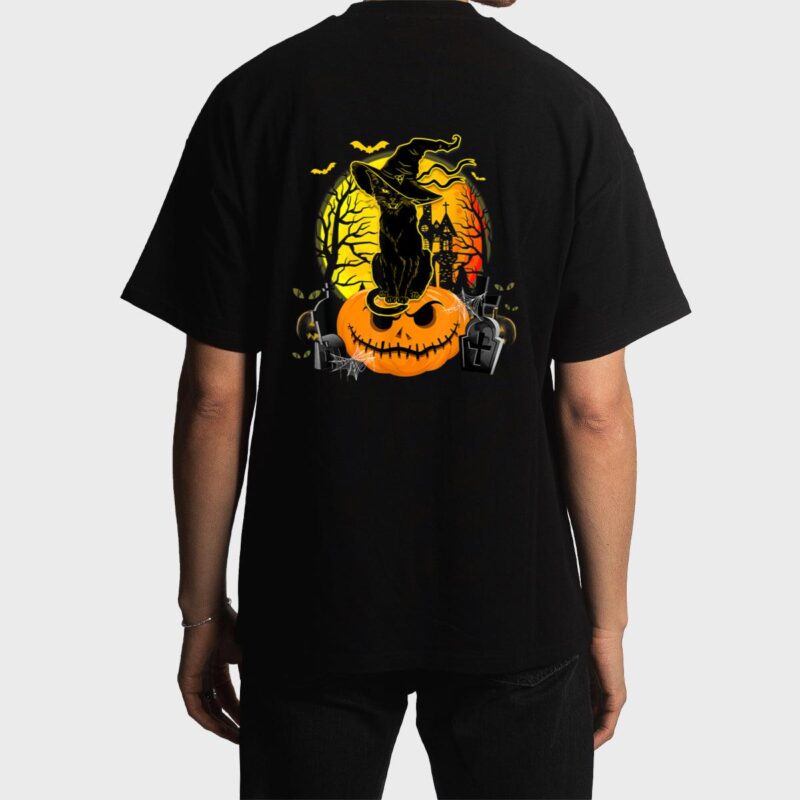 Vintage Black Cat Witch Scary Halloween Costume Kids Boys Men T-Shirt