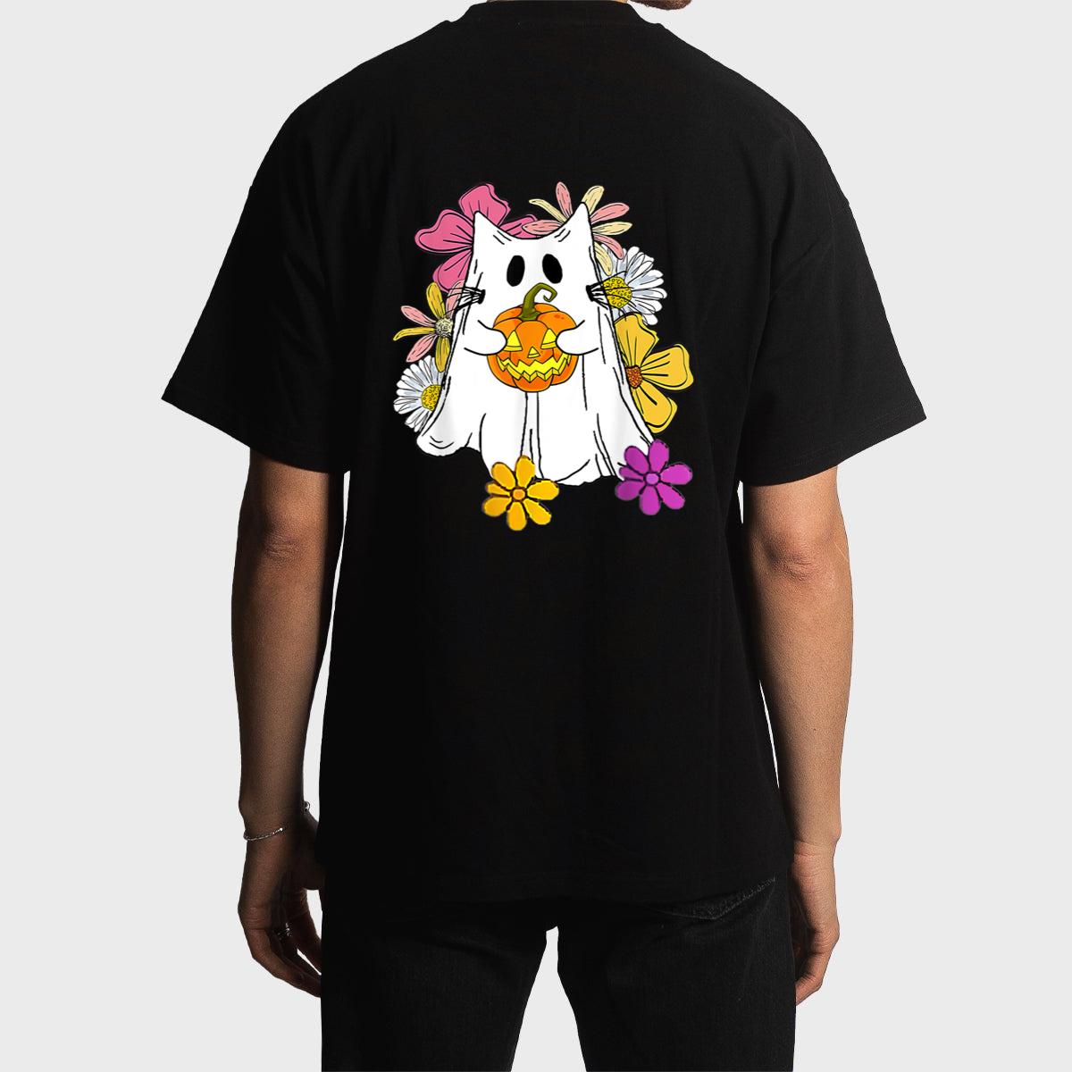Vintage Floral Ghost Cat Halloween Graphic Men T-Shirt