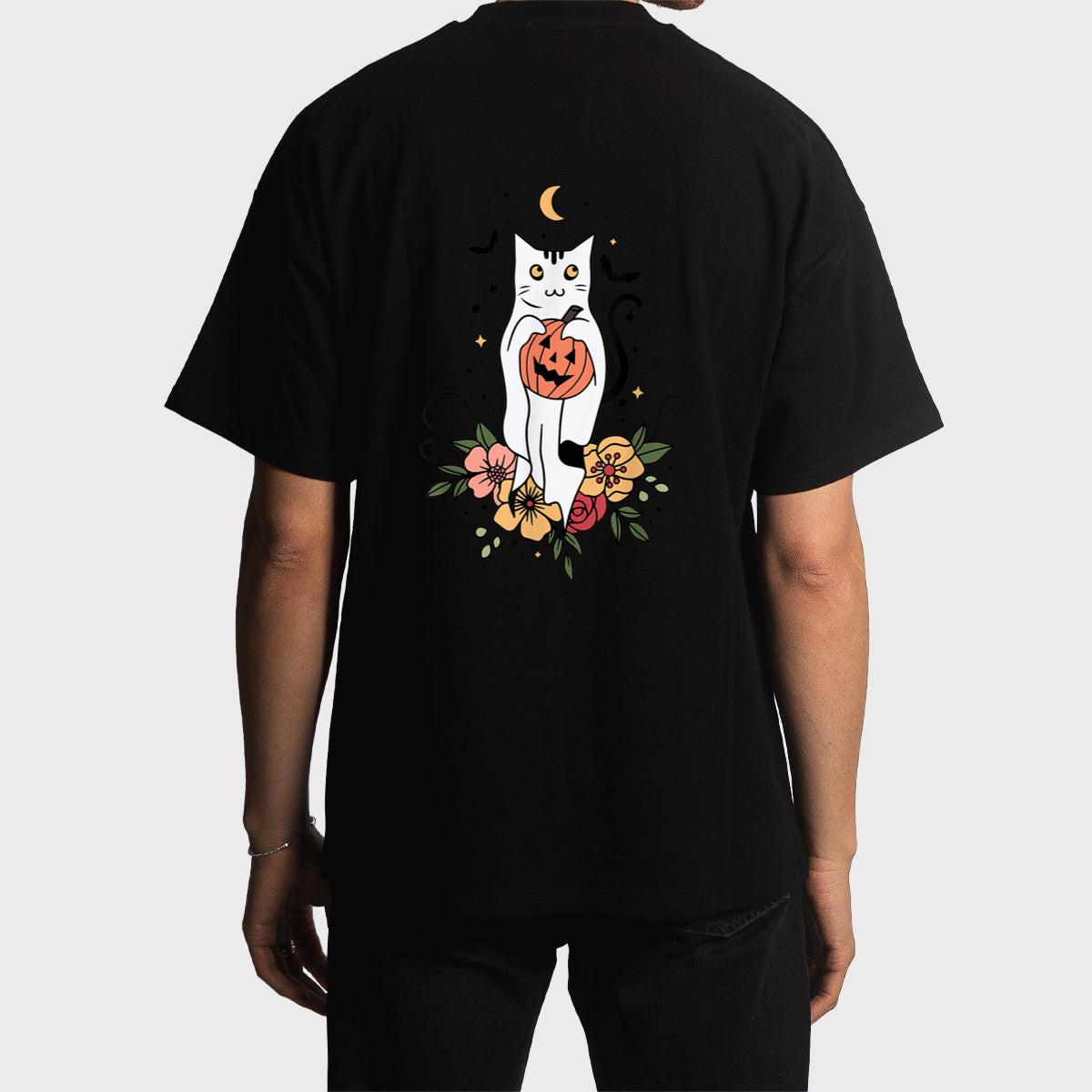 Vintage Floral Halloween Cat Ghost Pumpkin Auntum Women Kids Men T-Shirt